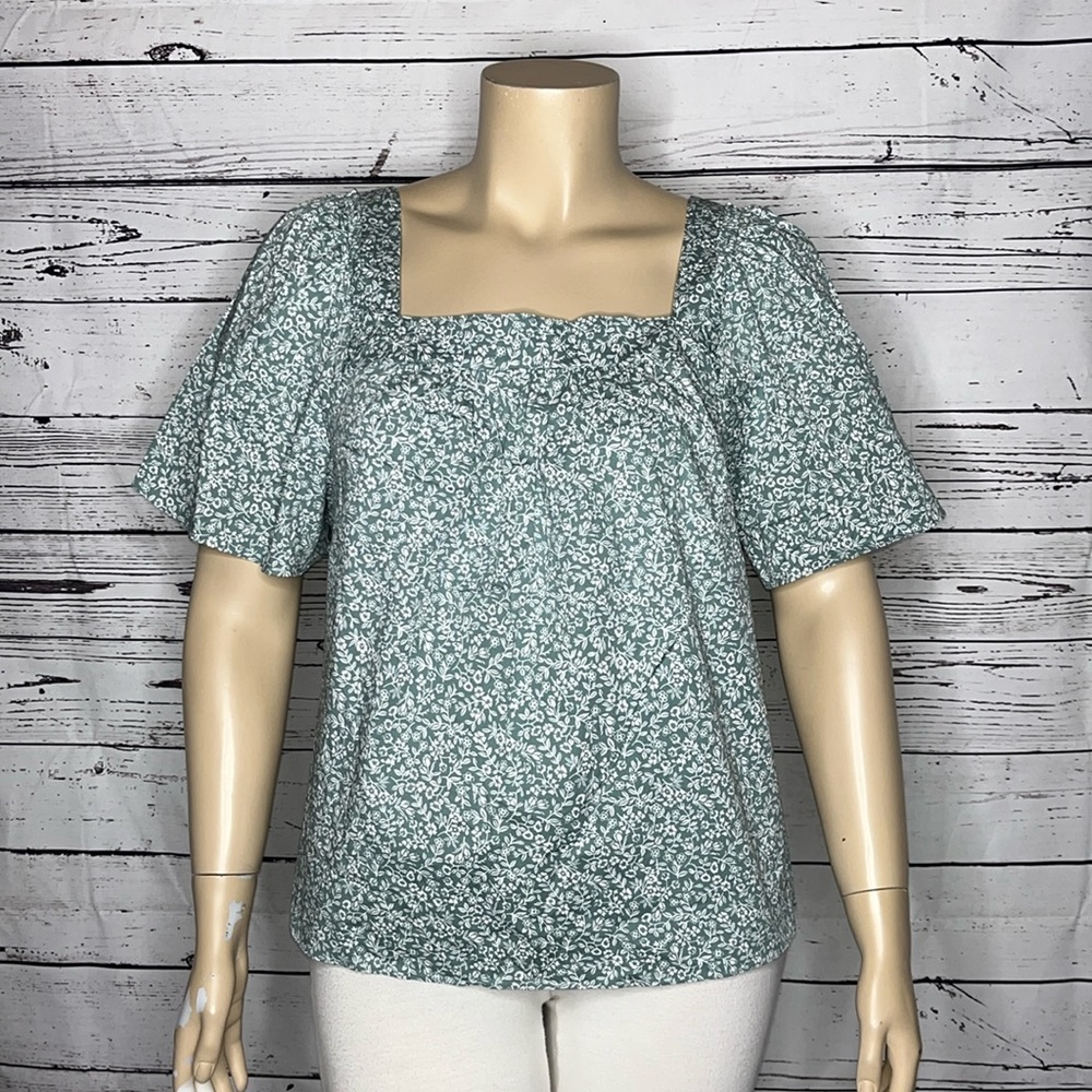 Draper James Floral Green Women's Squareneck Peasant Maren Top XL